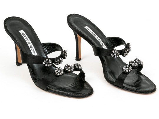 Manolo Blahnik Beautiful Bedazzled Black Satin Mules, Size 38