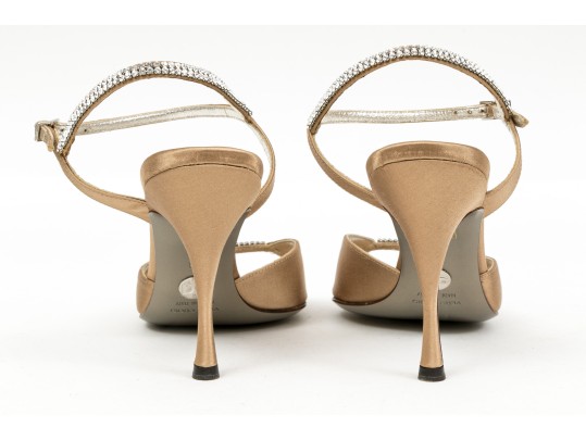 Dolce & Gabbana Bedazzled Champagne Beige Satin Sandals, Size 39
