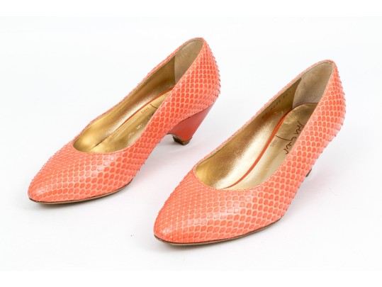 Walter Steiger Fun Coral Snakeskin And Orange Heeled Pumps, Size 36 1/2