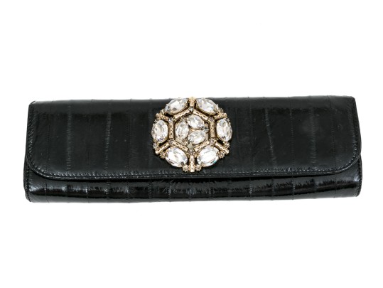Badgley Mischka Beautiful Vintage Black Leather Baguette Clutch, Bedazzled Top