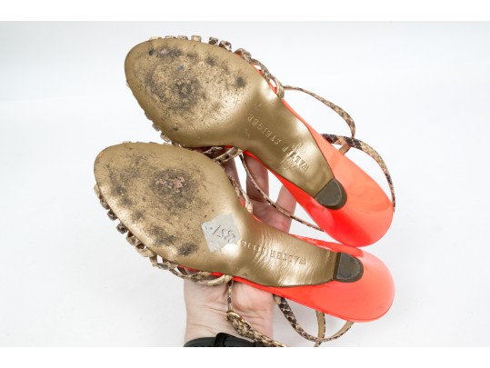 Walter Steiger Fun Orange Neon And Snakeskin Sandals, Size 37