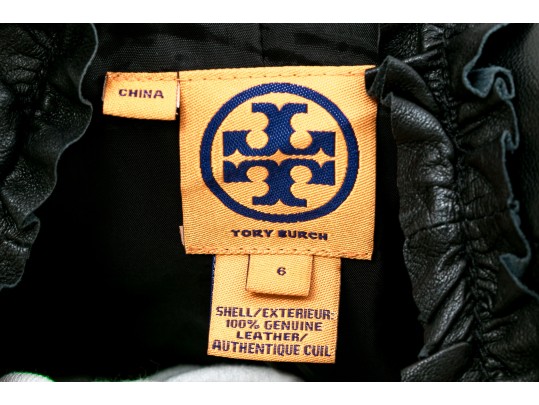 Tory Burch Beautiful Black Leather Ruffled Button Front Leather Jacket, Size 6