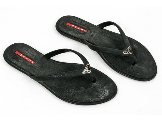 Prada Fun Textured Black Rubber Flip Flops, Size 38