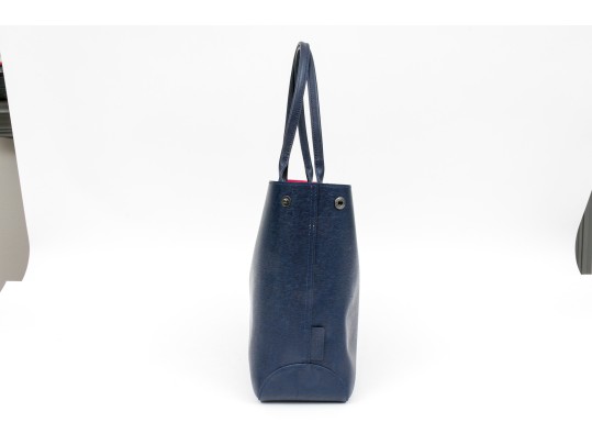 Longchamp Striking Navy Blue Leather Top Handle Tote Bag, Pinkish Red Interior