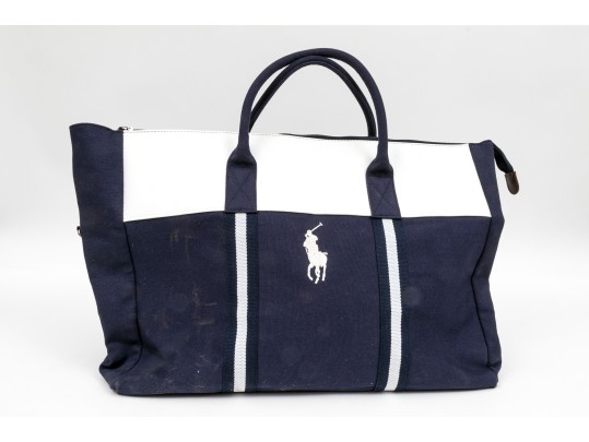 Ralph Lauren Large Blue Cotton, White And Brown Leather Top Handle Tote Bag