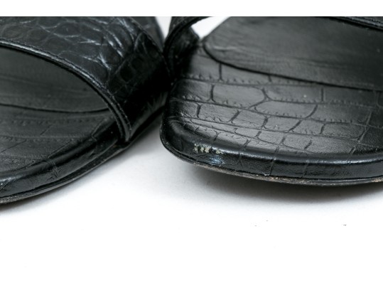Saint Laurent Striking Black Crocodile Grained Sandals, Size 41, With Box