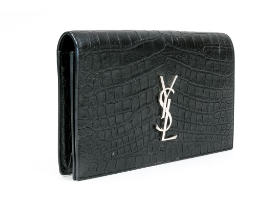 Saint Laurent Beautiful Black Crocodile Grained Leather Clutch
