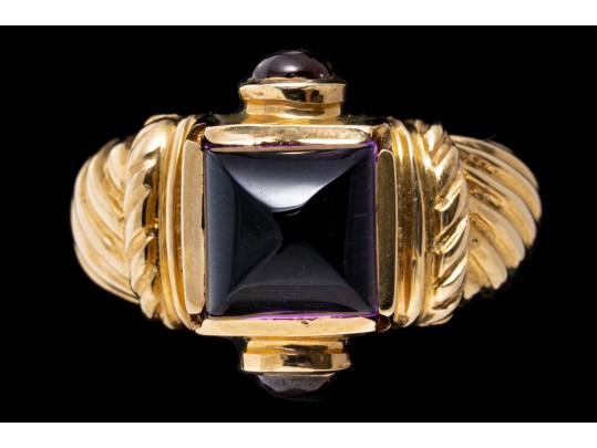 14k Yellow Gold Chunky Sugarloaf Amethyst And Garnet Ribbed Ring, Size 7+