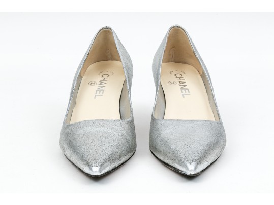 Chanel Striking Metallic Silver Leather Pumps, Size 36 1/2