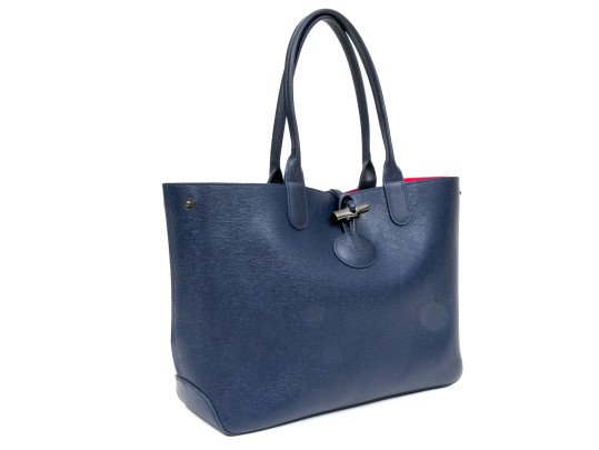 Longchamp Striking Navy Blue Leather Top Handle Tote Bag, Pinkish Red Interior