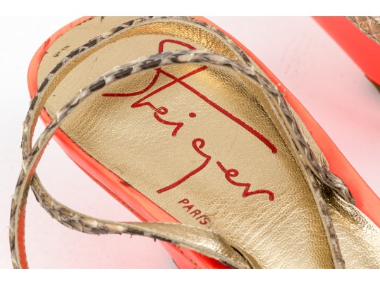 Walter Steiger Fun Orange Neon And Snakeskin Sandals, Size 37