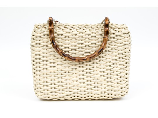 Gucci Lovely Woven Ivory Leather Bamboo Top Handle Bag