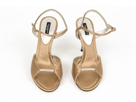 Dolce & Gabbana Bedazzled Champagne Beige Satin Sandals, Size 39
