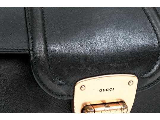 Gucci Vintage Black Leather Top Handle Bamboo Flap Bag, Copper Toned Hardware
