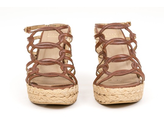 Stuart Weitzman Brown Leather And Hemp Wedge Ankle Strap Sandal, Size 5.5