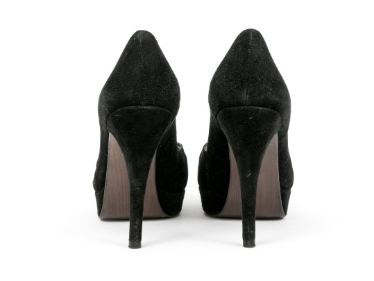 Stuart Weitzman Impactful Black Suede Gathered Peep Toe Platform Stilettos, Size 8 M