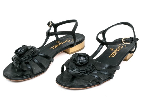Chanel Beautiful Black Leather Flat Sandals, Camelia Tops, Size 36 1/2