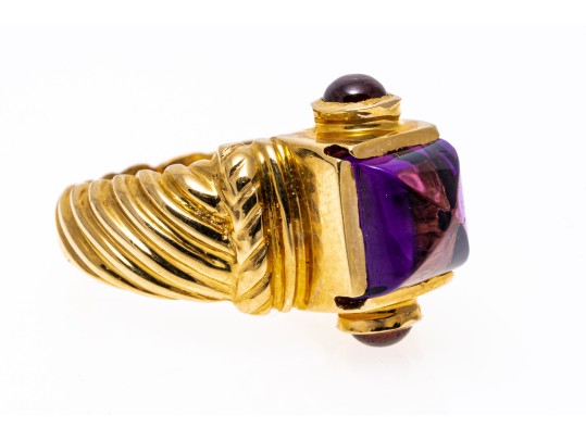 14k Yellow Gold Chunky Sugarloaf Amethyst And Garnet Ribbed Ring, Size 7+