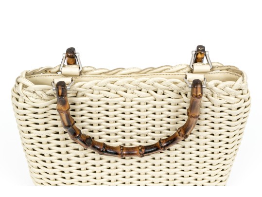 Gucci Lovely Woven Ivory Leather Bamboo Top Handle Bag