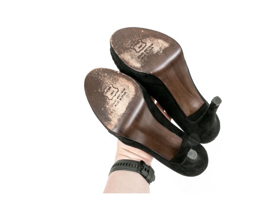 Stuart Weitzman Impactful Black Suede Gathered Peep Toe Platform Stilettos, Size 8 M