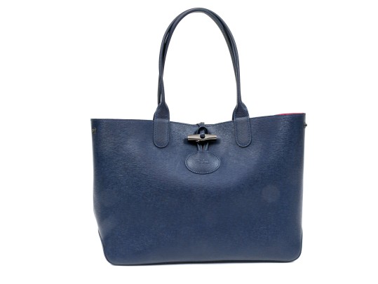 Longchamp Striking Navy Blue Leather Top Handle Tote Bag, Pinkish Red Interior