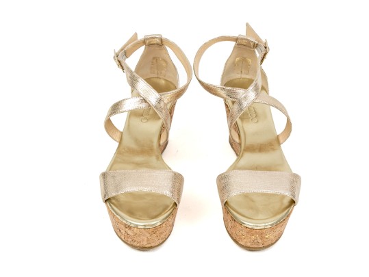 Jimmy Choo Gold Metallic Platform Ankle Strap Wedge Sandal, Size 38 Or 38 1/2