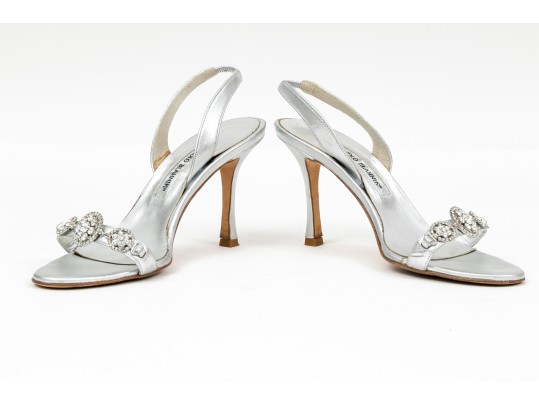Manolo Blahnik Beautiful Bedazzled Silver Metallic Sandals, Size 38