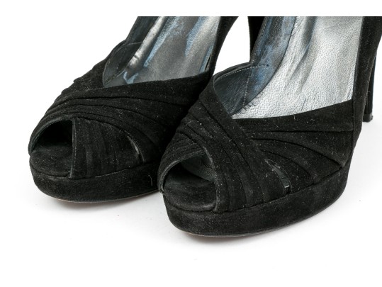 Stuart Weitzman Impactful Black Suede Gathered Peep Toe Platform Stilettos, Size 8 M