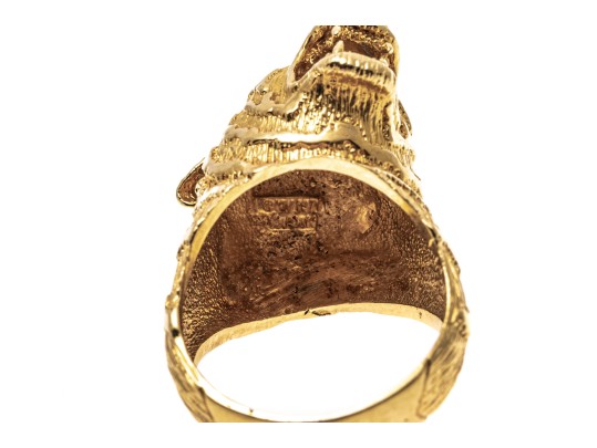 18k Yellow Gold Figural Roaring Tigers Head Ring With Ruby Eyes, Size 7.5