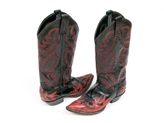 Panhandle Slim Fabulous Black Leather Cowboy Boots With Red Snake Patterning, Size 6