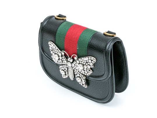 Gucci Stunning Black Leather Linnea Butterfly Bedazzled Clutch Bag