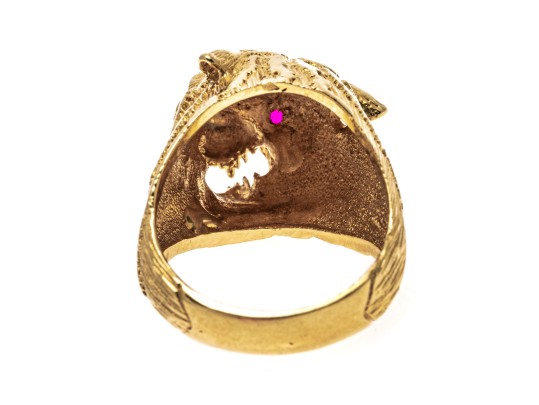 18k Yellow Gold Figural Roaring Tigers Head Ring With Ruby Eyes, Size 7.5