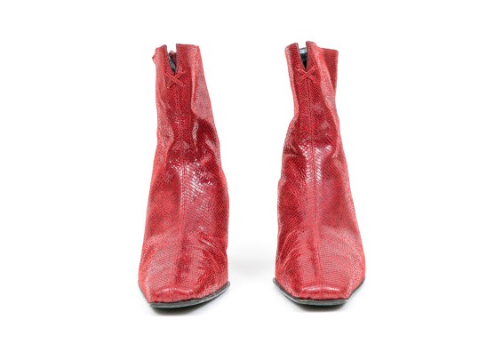 Stuart Weitzman Fun Reddish Burgundy Grained Patterned Back Zip Booties, Size 6 1/2 B