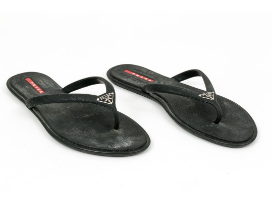 Prada Fun Textured Black Rubber Flip Flops, Size 38