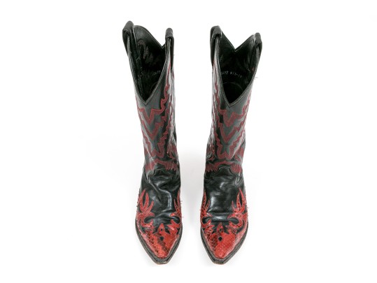 Panhandle Slim Fabulous Black Leather Cowboy Boots With Red Snake Patterning, Size 6