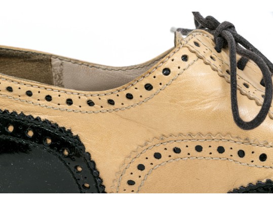 Chanel Classic Black And Tan Leather Wing Tip Saddle Shoes, Size 36 1/2