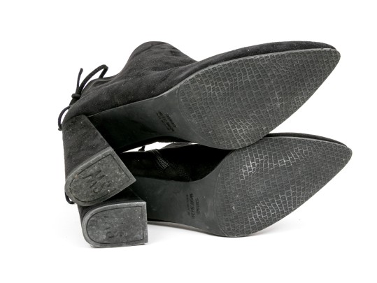 Stuart Weitzman Handsome Black Suede Tie Back Side Zip Bootie, Size 8 1/2 M