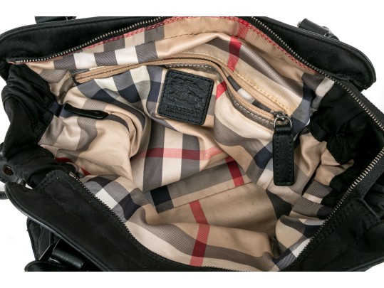 Burberry Black Nylon Top Handle Bag, Plaid Lining