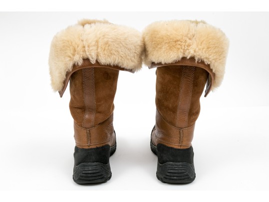 Ugg Fabulous Shearling Lined Brown Leather Outdoor Boots, Vibram Treads, Size 7
