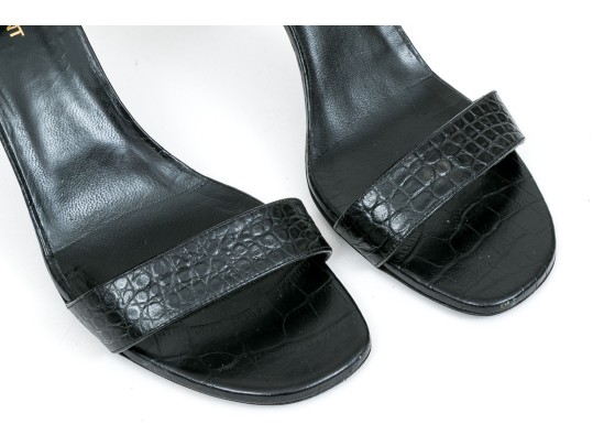 Saint Laurent Striking Black Crocodile Grained Sandals, Size 41, With Box