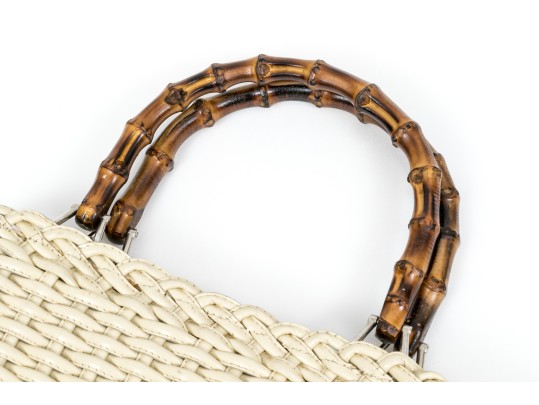 Gucci Lovely Woven Ivory Leather Bamboo Top Handle Bag