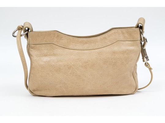 Balenciaga Striking Tan Leather Baguette Top Zip Shoulder Bag, Studded Accents