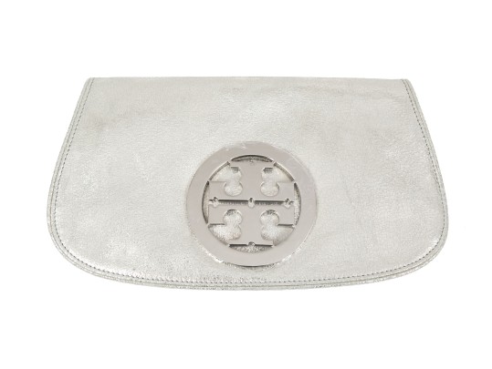 Tory Burch Fabulous New Old Stock Silver Metallic Leather Clutch, With Dust Bag