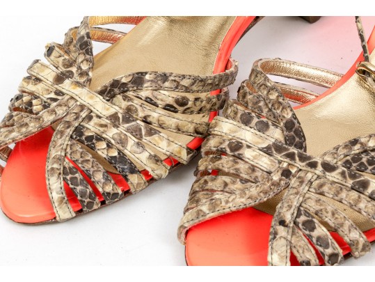 Walter Steiger Fun Orange Neon And Snakeskin Sandals, Size 37