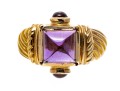 14k Yellow Gold Chunky Sugarloaf Amethyst And Garnet Ribbed Ring, Size 7+
