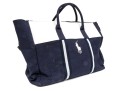 Ralph Lauren Large Blue Cotton, White And Brown Leather Top Handle Tote Bag