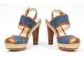 Coach Fun Denim And Brown Leather Platform Wooden Base Sandals, Size 8