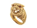 18k Yellow Gold Figural Roaring Tigers Head Ring With Ruby Eyes, Size 7.5