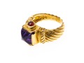 14k Yellow Gold Chunky Sugarloaf Amethyst And Garnet Ribbed Ring, Size 7+