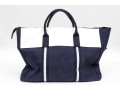 Ralph Lauren Large Blue Cotton, White And Brown Leather Top Handle Tote Bag